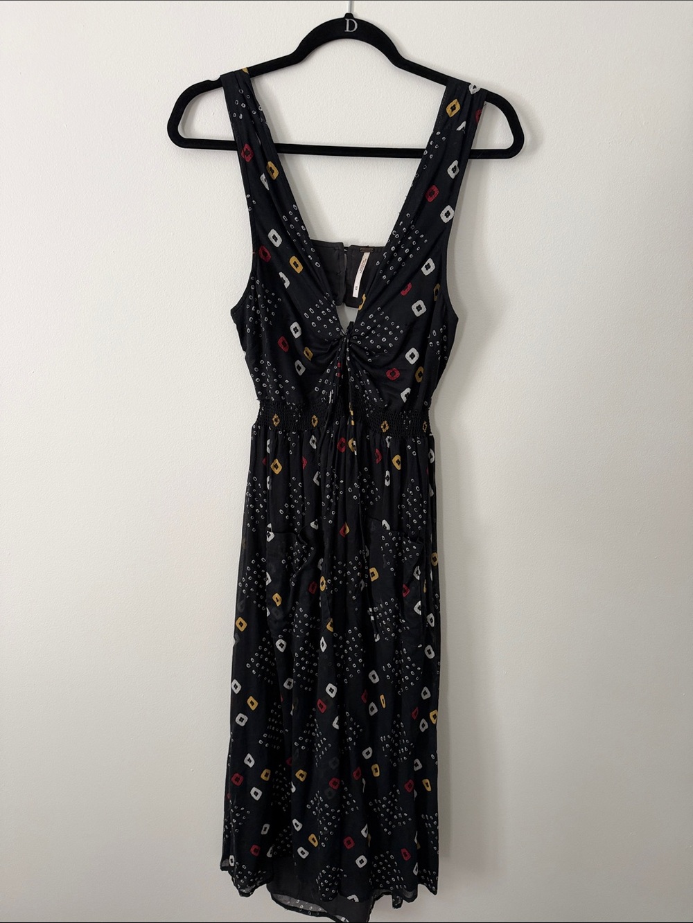 Free People Black Printed Sleeveless Midi Dress with Red and Mustard Accents